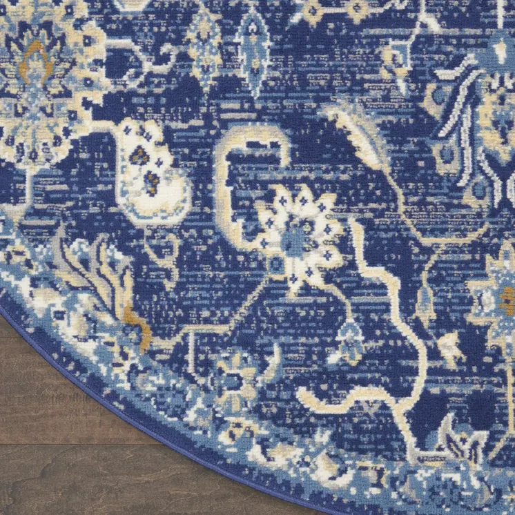5' Blue and Gold Round Oriental Power Loom Area Rug
