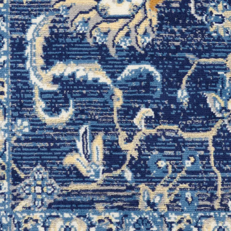 5' Blue and Gold Round Oriental Power Loom Area Rug