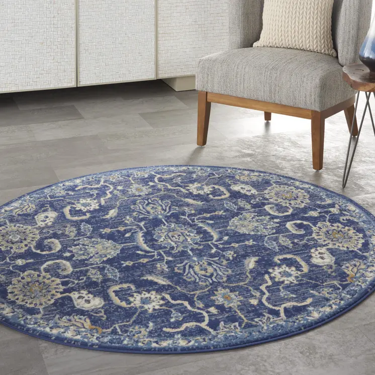 5' Blue and Gold Round Oriental Power Loom Area Rug
