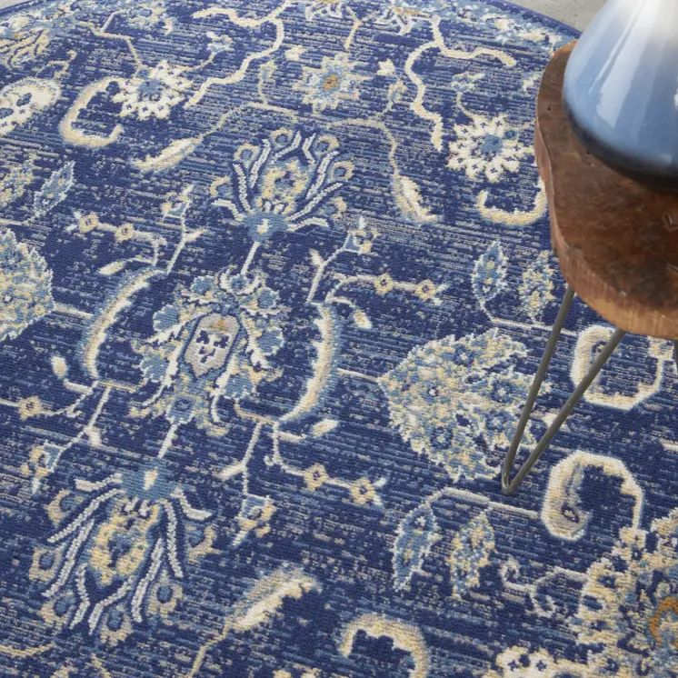 5' Blue and Gold Round Oriental Power Loom Area Rug