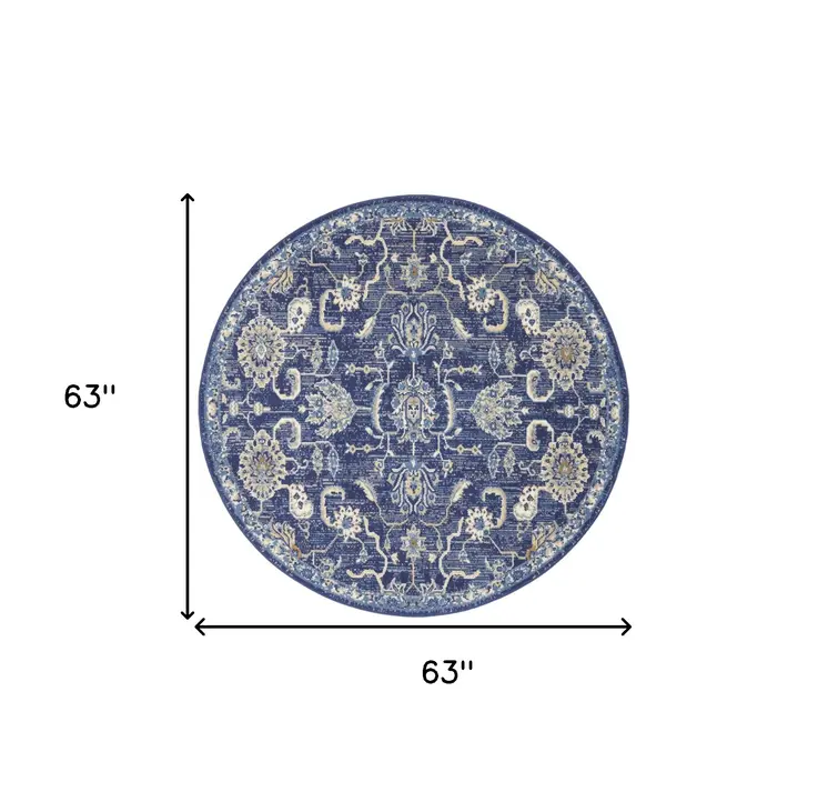 5' Blue and Gold Round Oriental Power Loom Area Rug