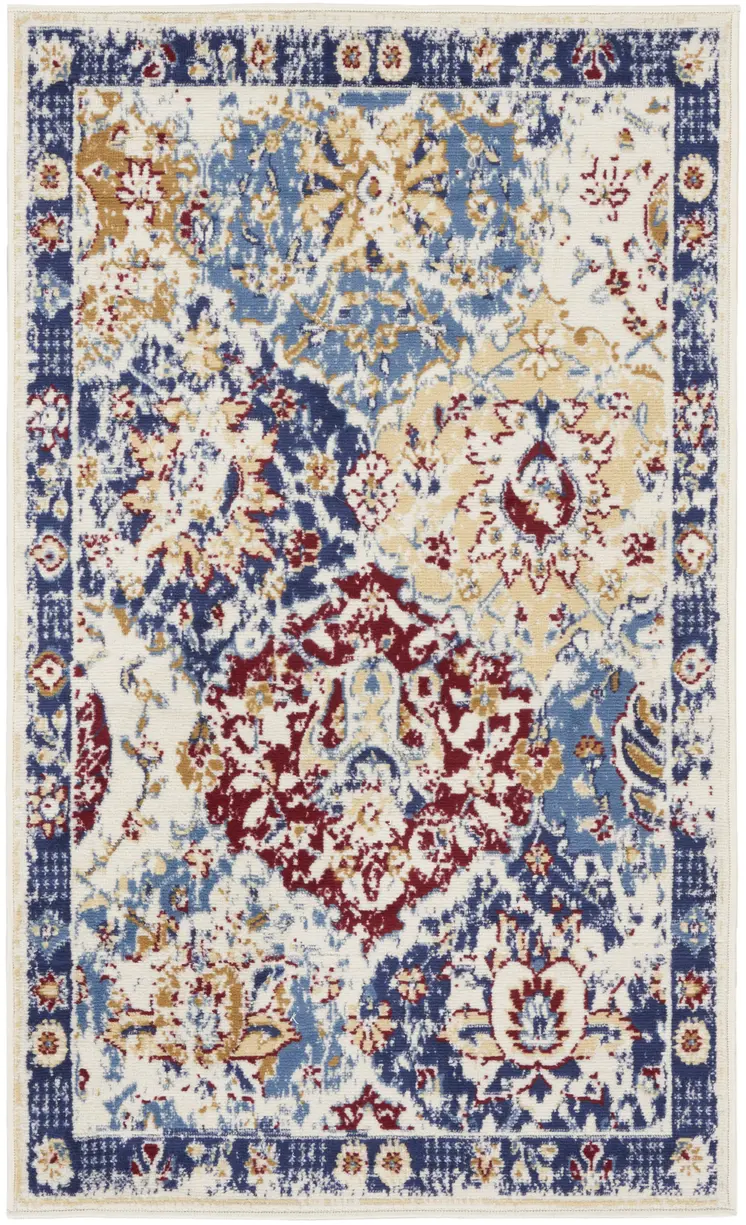 3' X 5' Ivory Red and Blue Ogee Distressed Non Skid Area Rug
