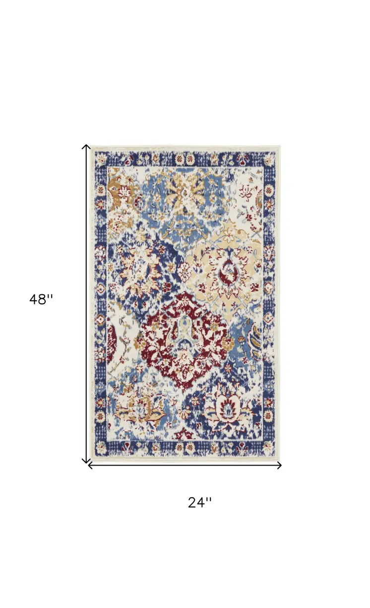 2' X 4' Ivory Red and Blue Ogee Distressed Non Skid Area Rug