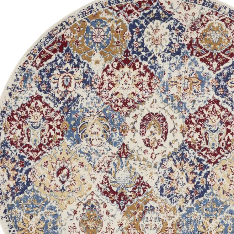 5' Ivory Red and Blue Ogee Distressed Non Skid Round Rug