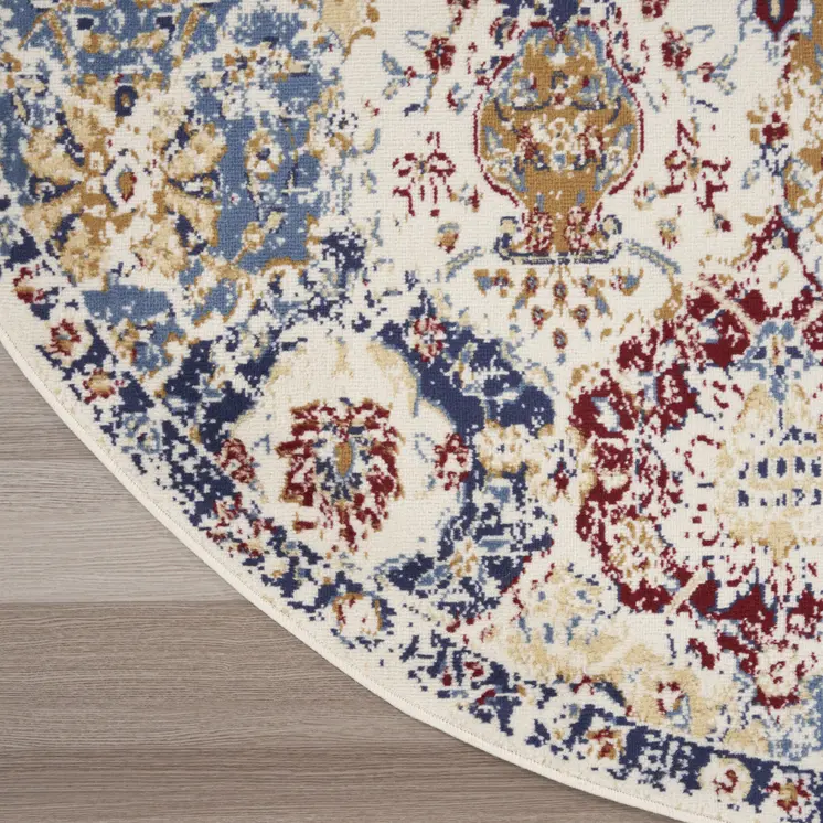 5' Ivory Red and Blue Ogee Distressed Non Skid Round Rug