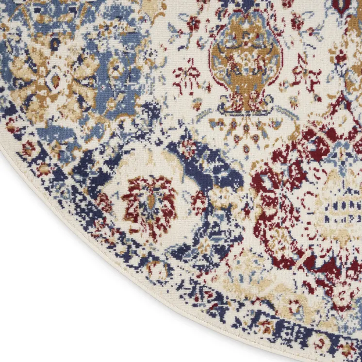 5' Ivory Red and Blue Ogee Distressed Non Skid Round Rug