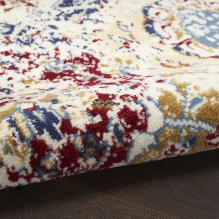 5' Ivory Red and Blue Ogee Distressed Non Skid Round Rug