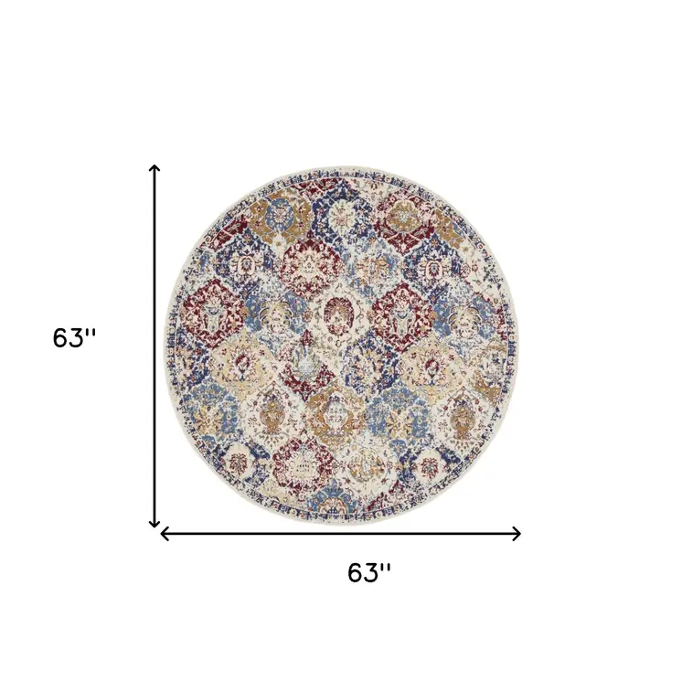 5' Ivory Red and Blue Ogee Distressed Non Skid Round Rug