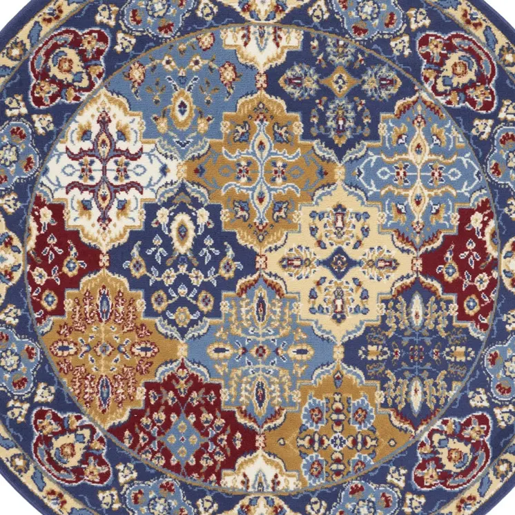 5' Red Blue and Light Brown Ogee Distressed Non Skid Round Rug