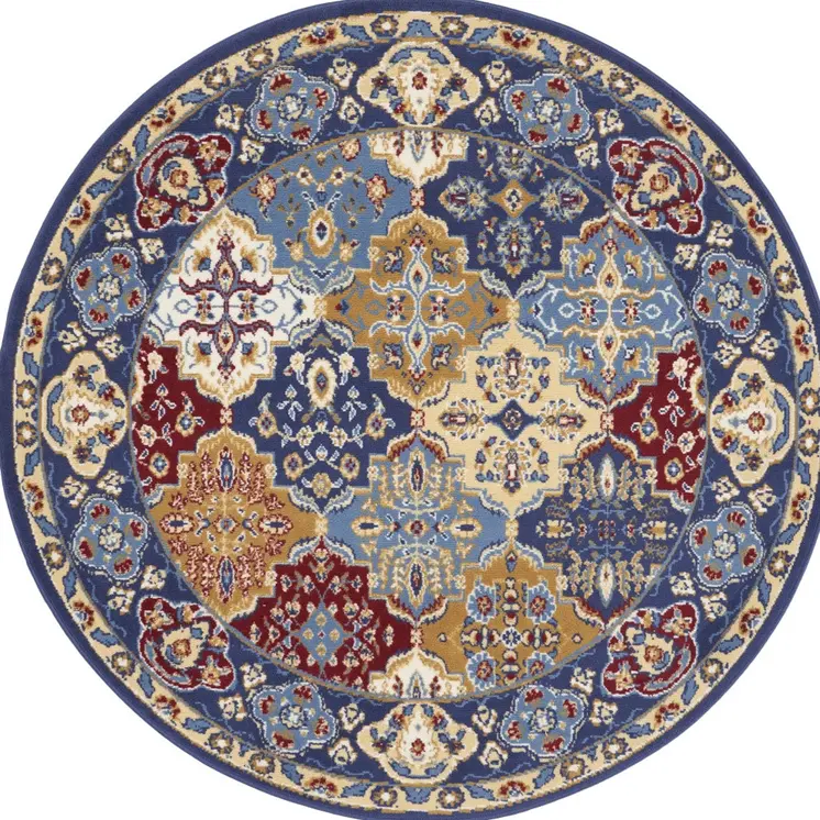5' Red Blue and Light Brown Ogee Distressed Non Skid Round Rug