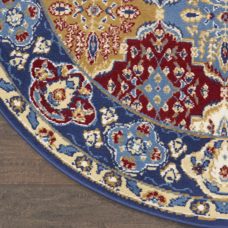 5' Red Blue and Light Brown Ogee Distressed Non Skid Round Rug