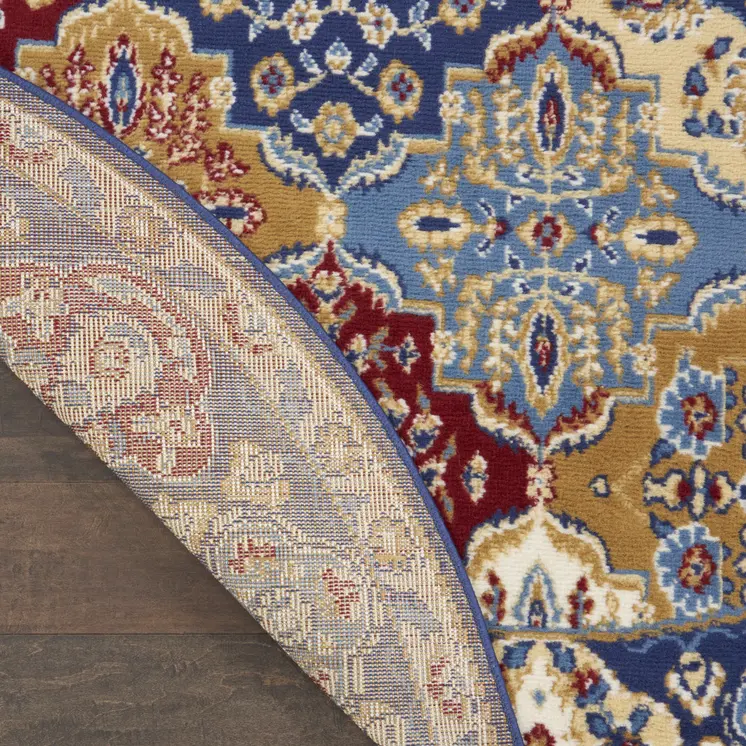 5' Red Blue and Light Brown Ogee Distressed Non Skid Round Rug
