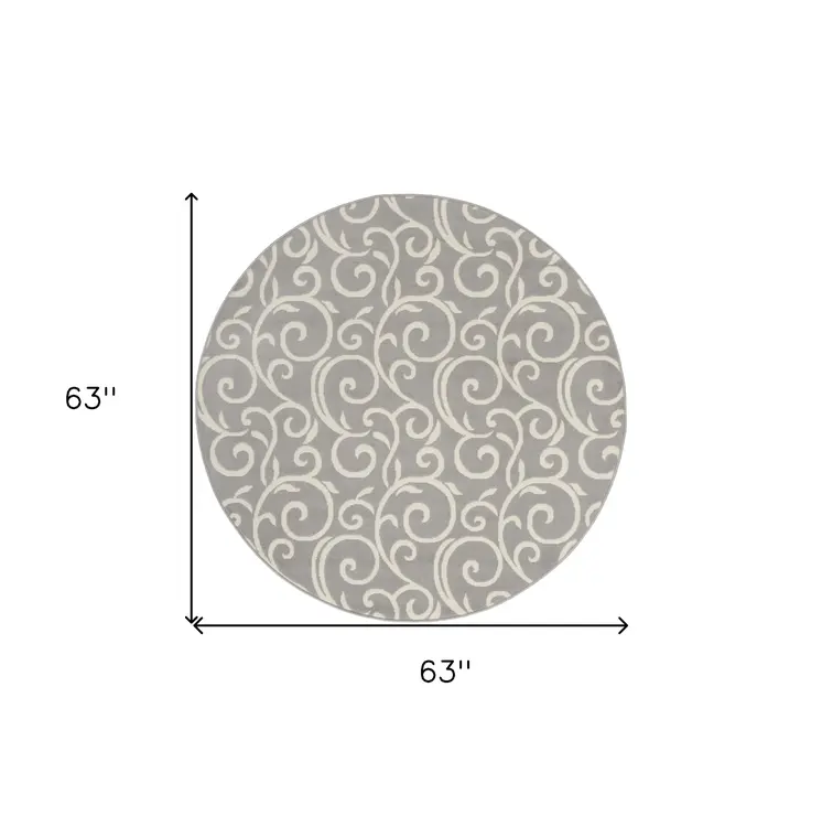 5' Gray and Ivory Round Floral Vines Power Loom Area Rug