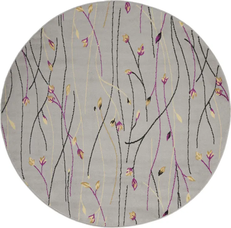 5' Gray and Pink Round Floral Vines Power Loom Area Rug