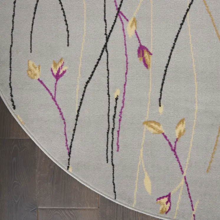 5' Gray and Pink Round Floral Vines Power Loom Area Rug