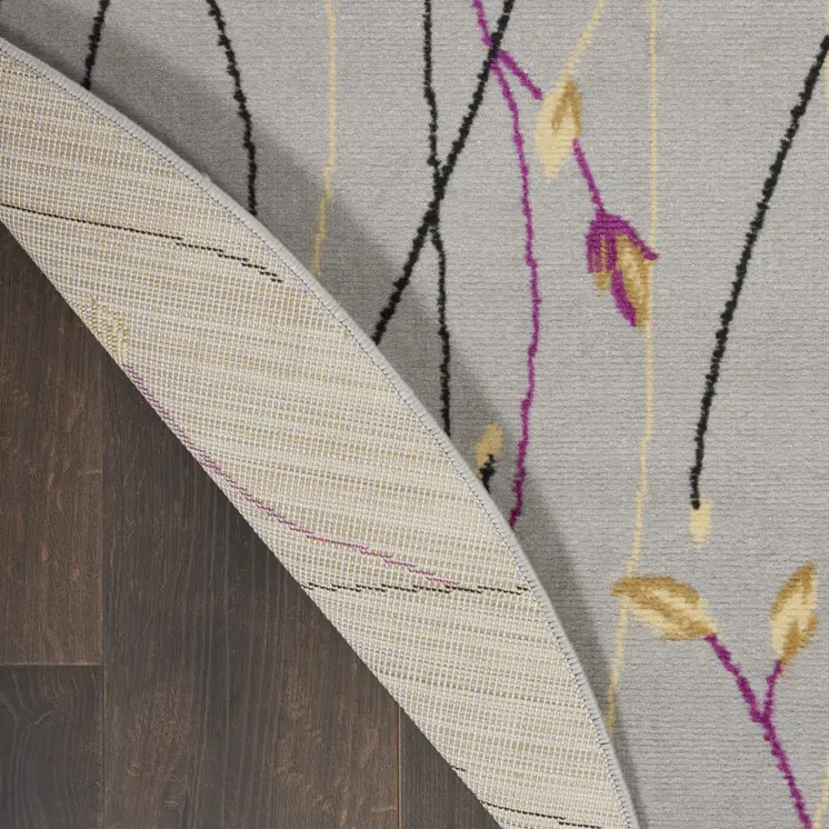 5' Gray and Pink Round Floral Vines Power Loom Area Rug