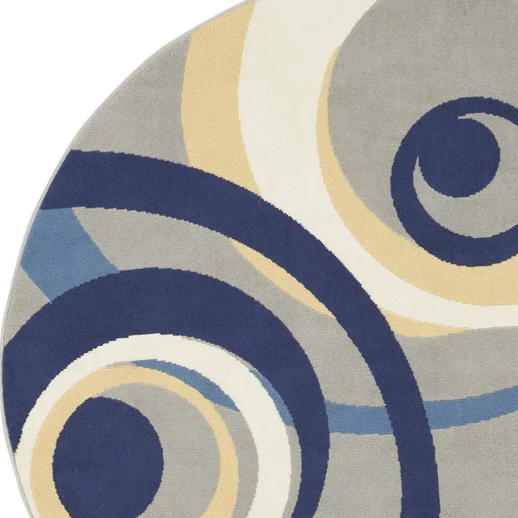 5' Gray and Blue Round Geometric Power Loom Area Rug