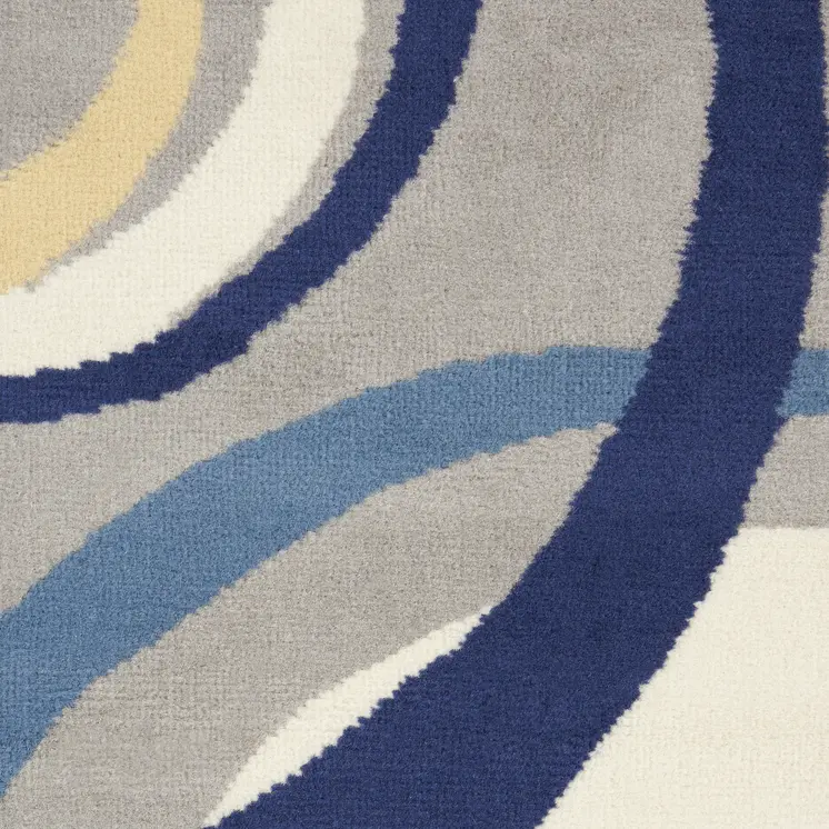 5' Gray and Blue Round Geometric Power Loom Area Rug