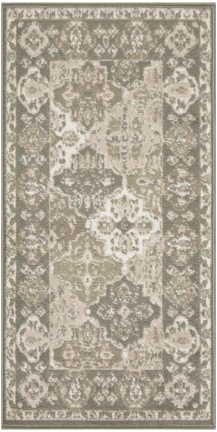 2' X 4' Green and Ivory Ogee Power Loom Distressed Area Rug