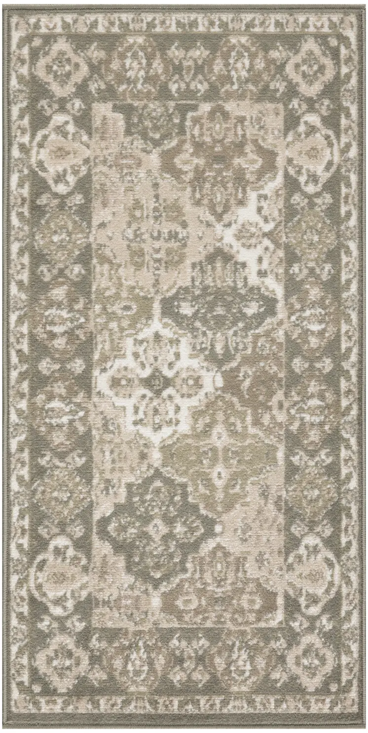 2' X 4' Green and Ivory Ogee Power Loom Distressed Area Rug