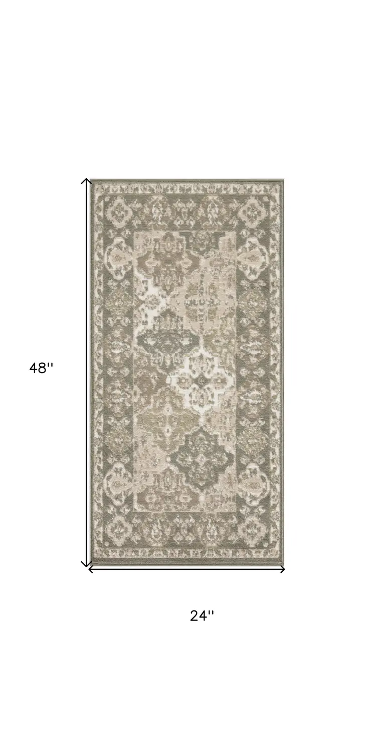 2' X 4' Green and Ivory Ogee Power Loom Distressed Area Rug