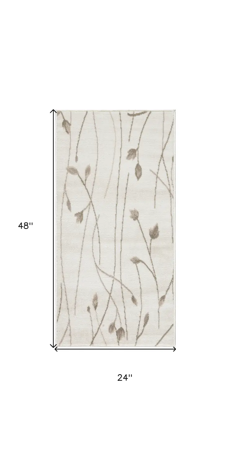 2' X 4' Beige and Ivory Floral Power Loom Area Rug