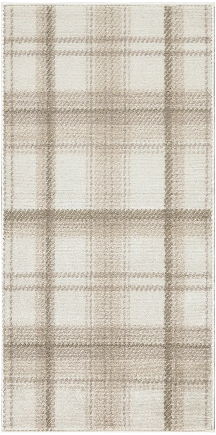 2' X 4' Beige and Ivory Plaid Power Loom Area Rug