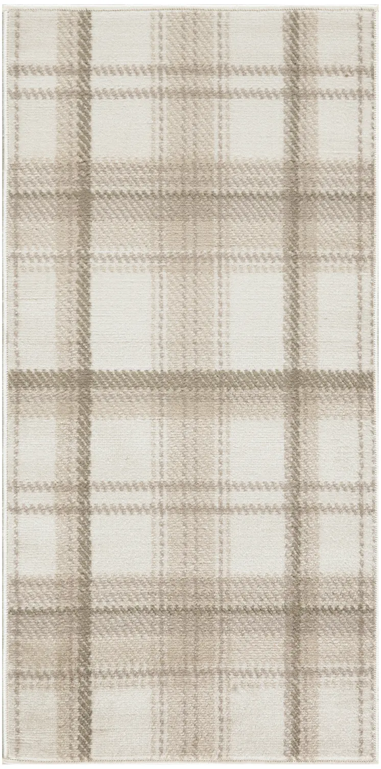 2' X 4' Beige and Ivory Plaid Power Loom Area Rug