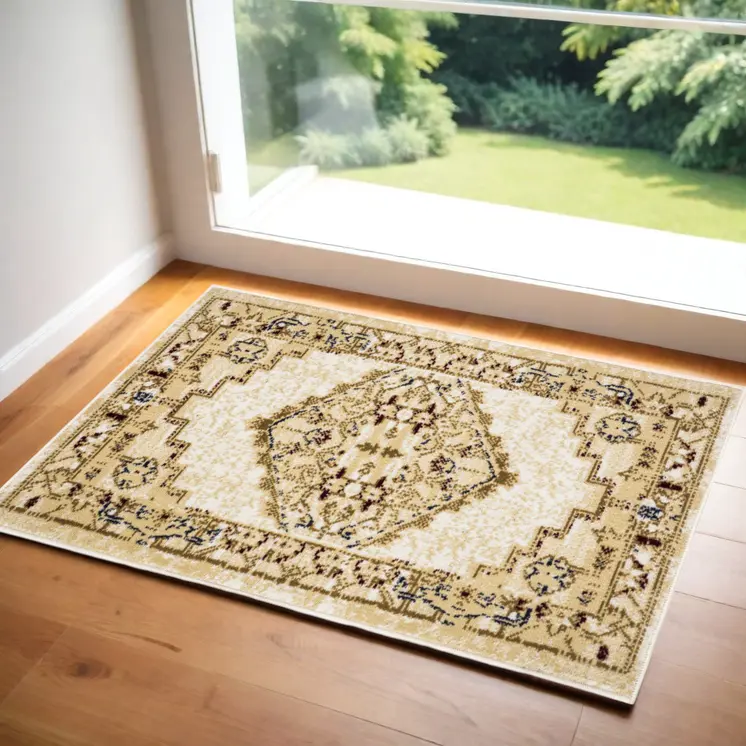 2' X 4' Beige and Ivory Medallion Power Loom Distressed Area Rug
