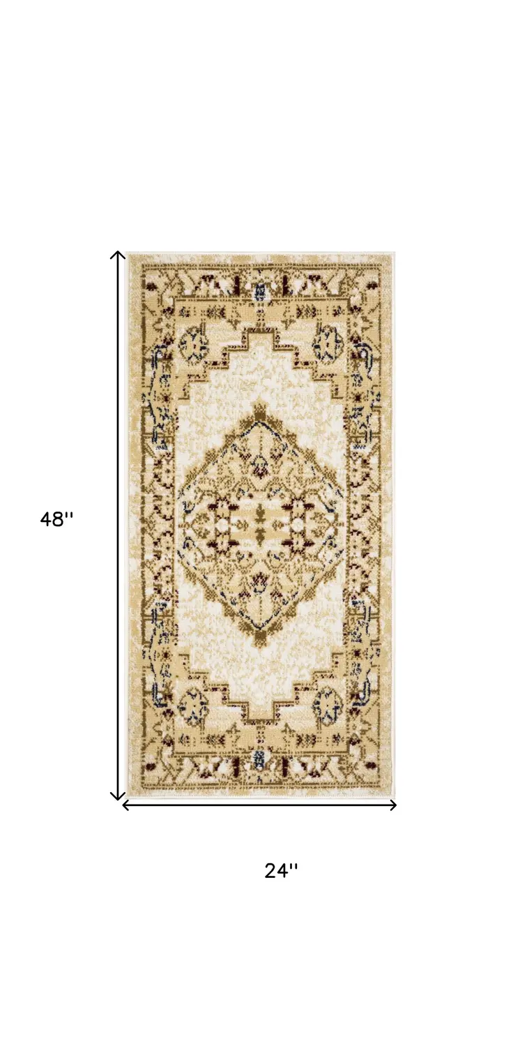 2' X 4' Beige and Ivory Medallion Power Loom Distressed Area Rug