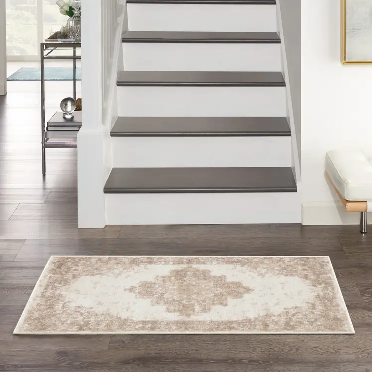2' X 4' Beige and Ivory Medallion Power Loom Distressed Area Rug