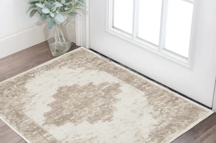2' X 4' Beige and Ivory Medallion Power Loom Distressed Area Rug