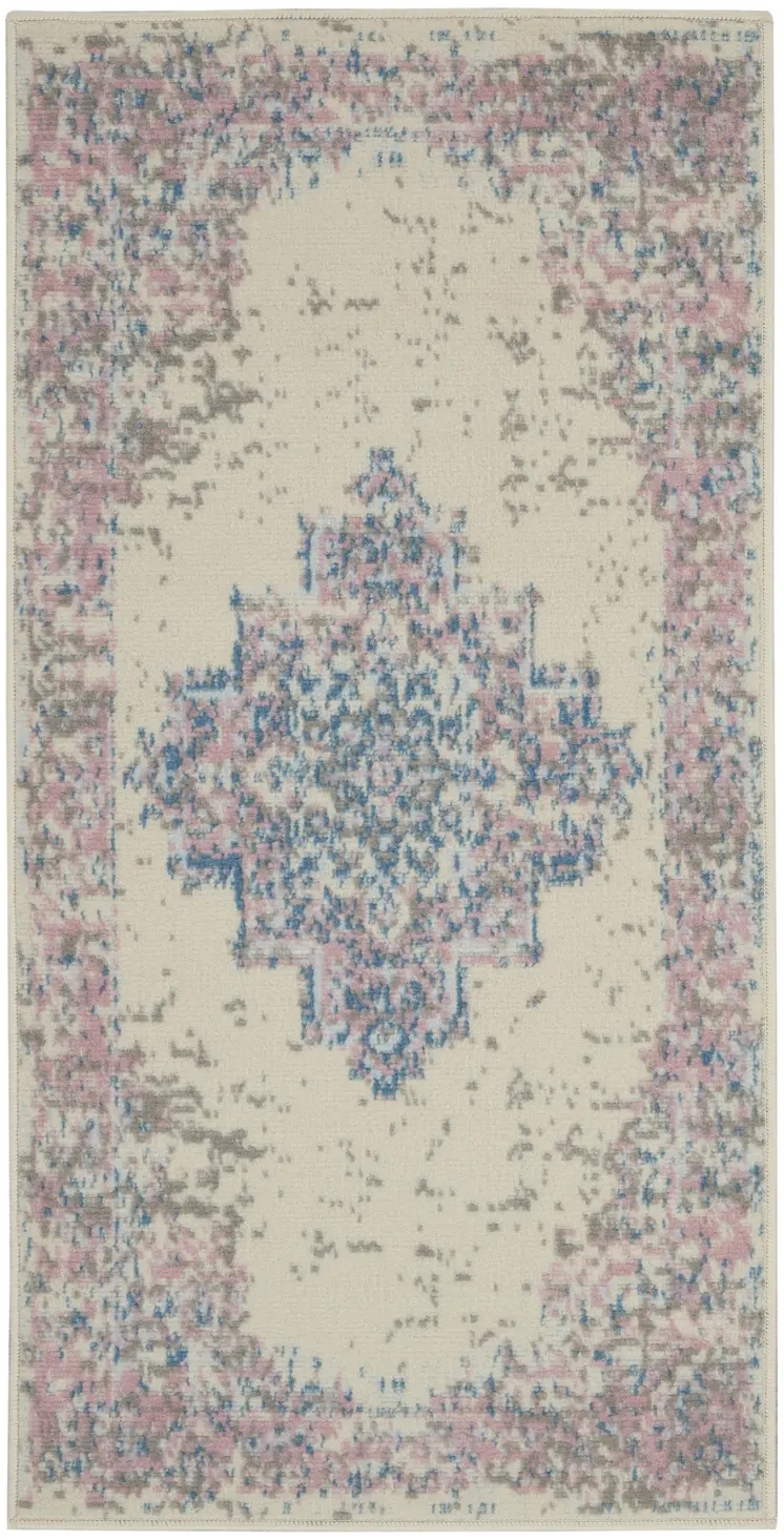 2' X 4' Ivory Pink And Blue Medallion Distressed Area Rug