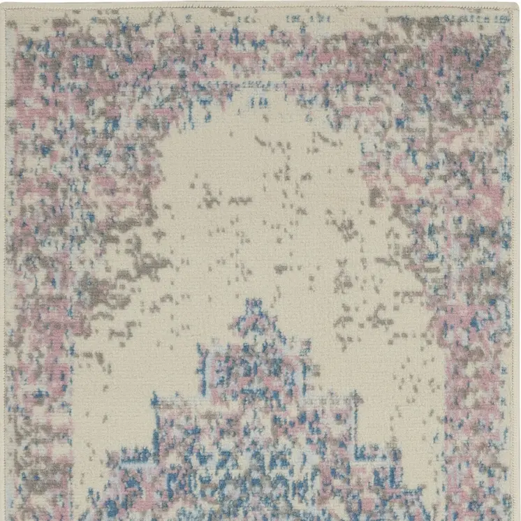 2' X 4' Ivory Pink And Blue Medallion Distressed Area Rug