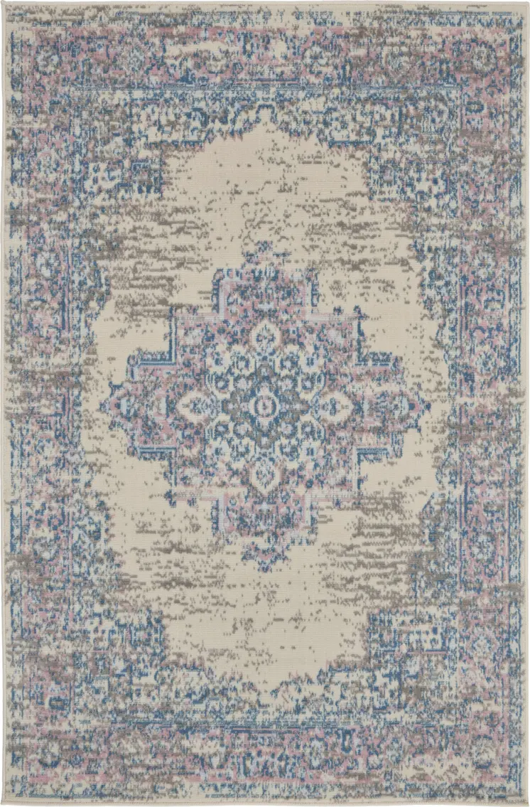 3' X 5' Ivory Pink and Blue Medallion Distressed Non Skid Area Rug