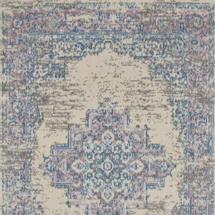 3' X 5' Ivory Pink and Blue Medallion Distressed Non Skid Area Rug