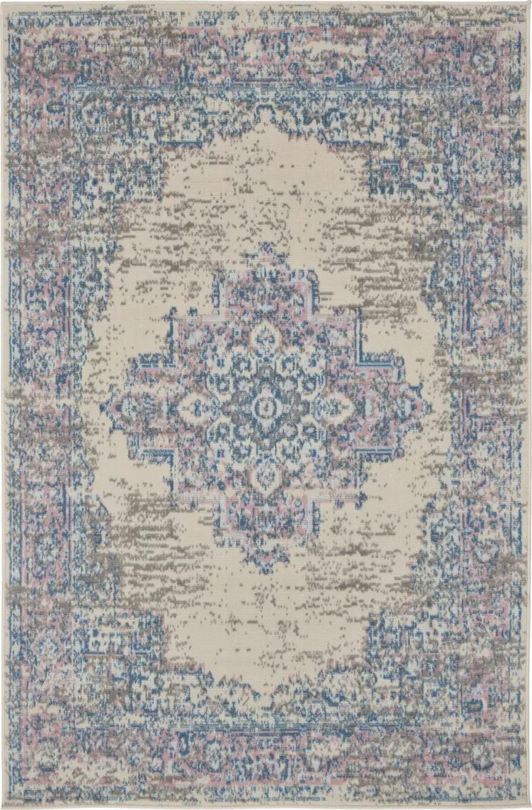 3' X 5' Ivory Pink and Blue Medallion Distressed Non Skid Area Rug