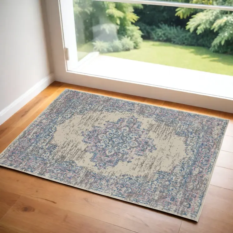 3' X 5' Ivory Pink and Blue Medallion Distressed Non Skid Area Rug