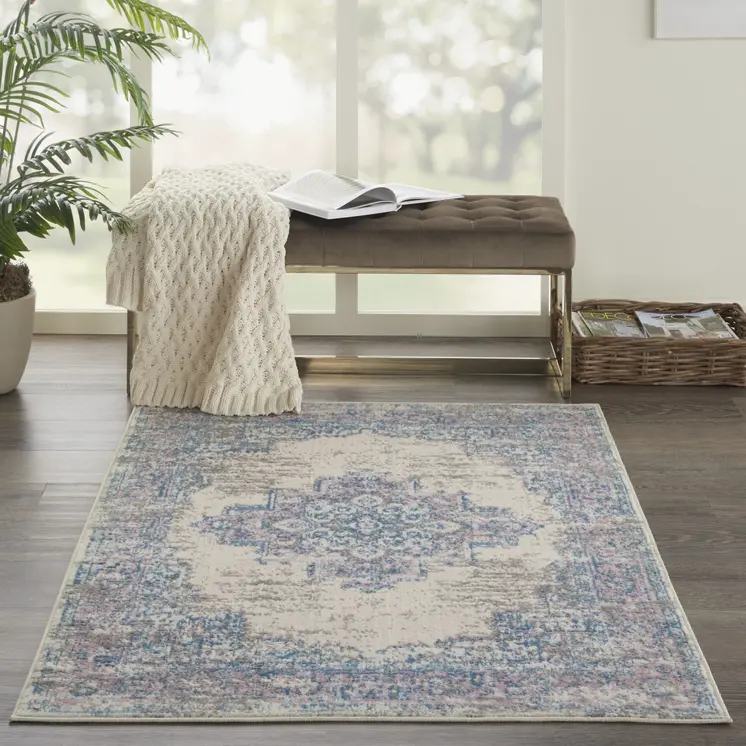 3' X 5' Ivory Pink and Blue Medallion Distressed Non Skid Area Rug