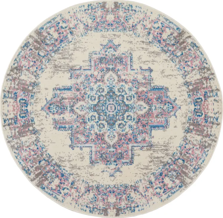 4' Ivory Pink And Blue Medallion Distressed Round Rug