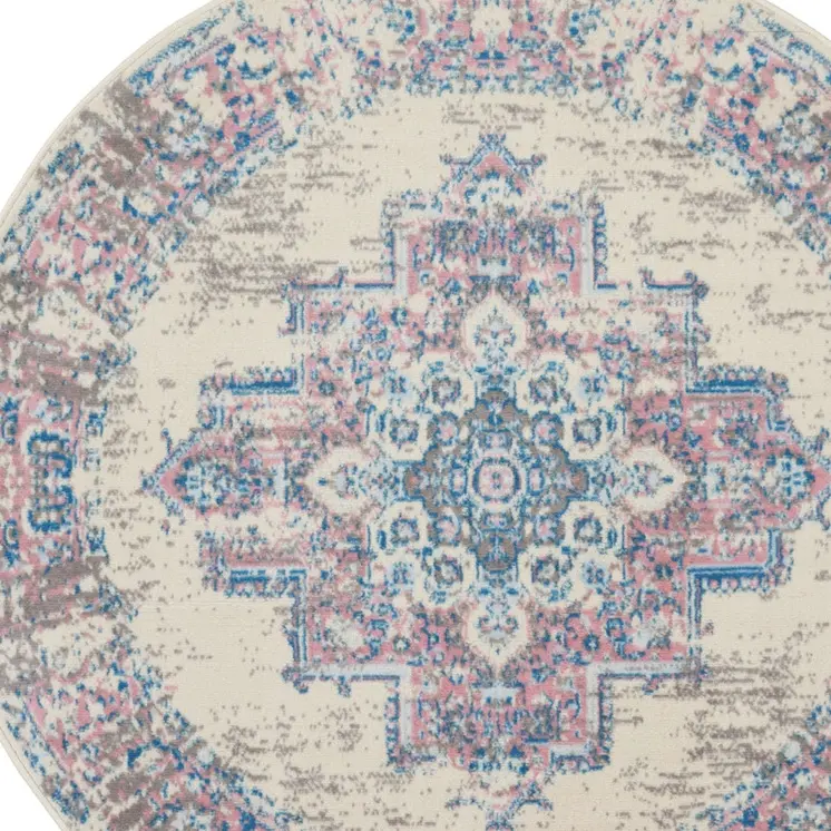 4' Ivory Pink And Blue Medallion Distressed Round Rug