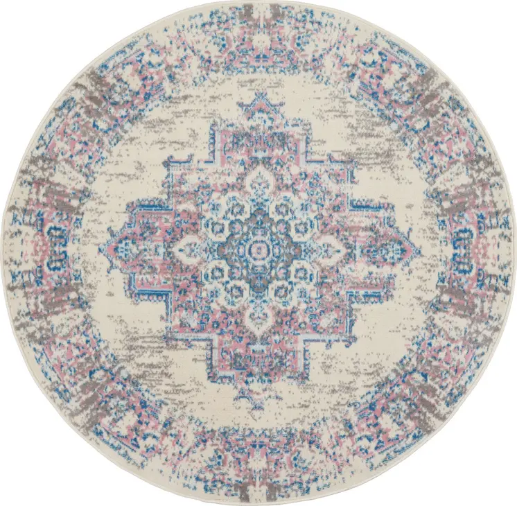 4' Ivory Pink And Blue Medallion Distressed Round Rug