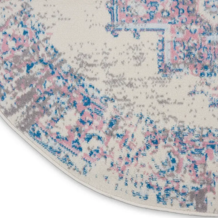 4' Ivory Pink And Blue Medallion Distressed Round Rug