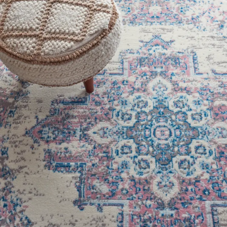 4' Ivory Pink And Blue Medallion Distressed Round Rug
