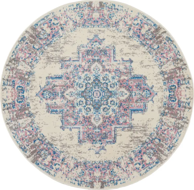 5' Ivory Pink and Blue Medallion Distressed Non Skid Round Rug