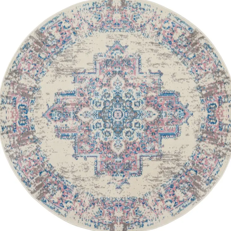 5' Ivory Pink and Blue Medallion Distressed Non Skid Round Rug