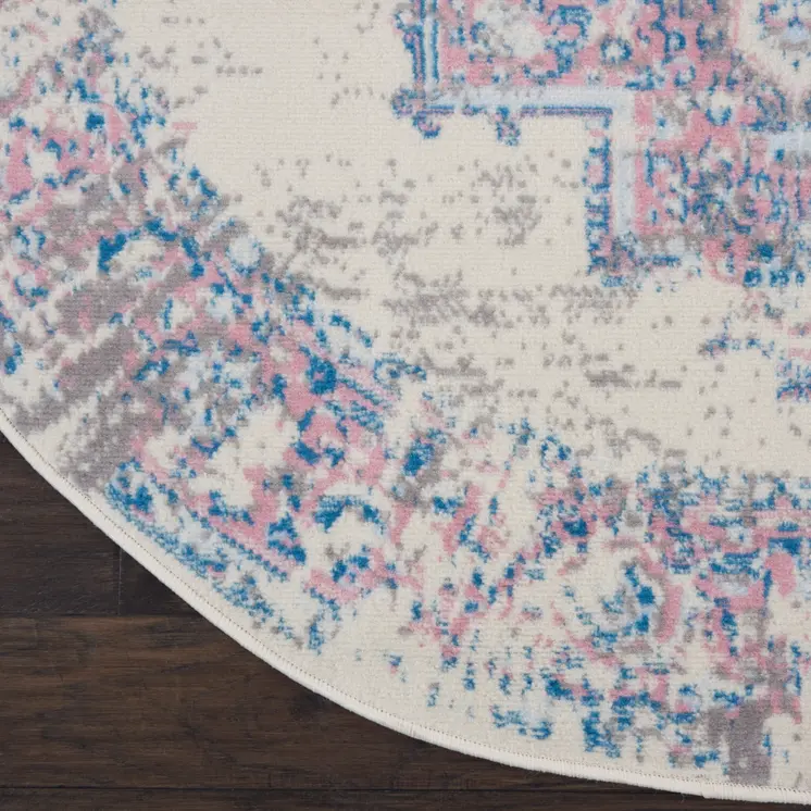 5' Ivory Pink and Blue Medallion Distressed Non Skid Round Rug