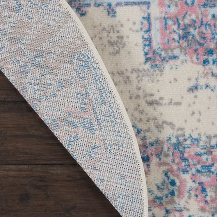 5' Ivory Pink and Blue Medallion Distressed Non Skid Round Rug