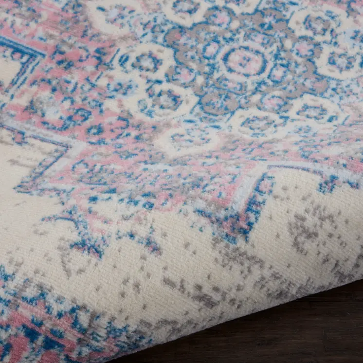 5' Ivory Pink and Blue Medallion Distressed Non Skid Round Rug