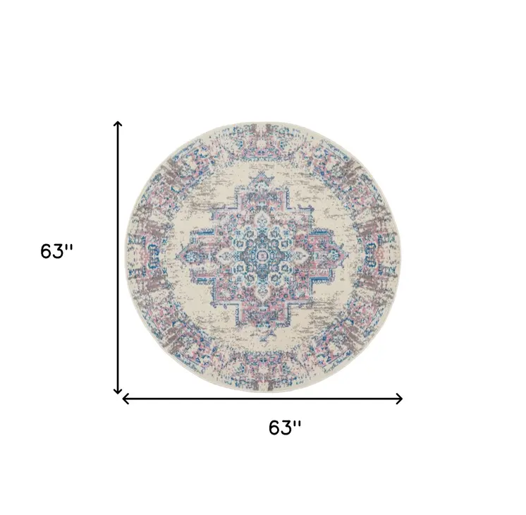 5' Ivory Pink and Blue Medallion Distressed Non Skid Round Rug